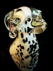 Hand Blown Art Glass Dalmatian Dog Puppy Figurine 7.5 In Black White Clear Cute!