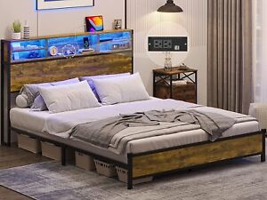 Full Size LED Bed Frame with Storage Headboard Industrial Metal Platform Bed