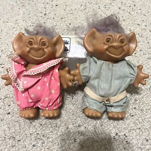 Vintage Uneda Wishnik Troll Plastic Eyes Frizzy Hair Old Couple Clothes Lot Of 2