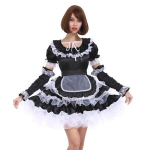 French Girl Sissy Maid Lockable BlackSatin fluffy Dress Cosplay costume Tailored