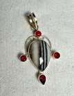 Agate Stone in a Sterling Silver Pendant with Red CZ & Coral Accents - 2 1/2