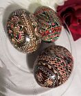 Vintage Ukrainian Hand Painted Carved Easter Egg Pysanky 3 lot Geometric Detail