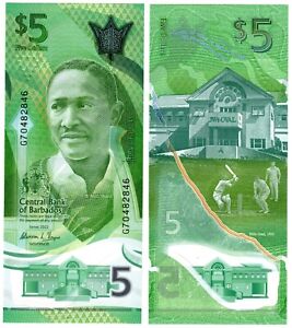 2022 Barbados 5 Dollar Banknote P81 UNC Polymer