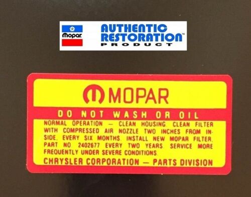 1964 65 66 67 68 AIR CLEANER SERVICE DECAL MOPAR DODGE, PLYMOUTH