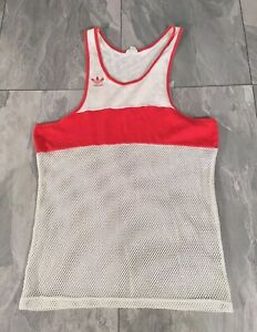 Adidas Mens Vintage 80sMesh Vest Tank Top / Size S / Made In The UK / White Red