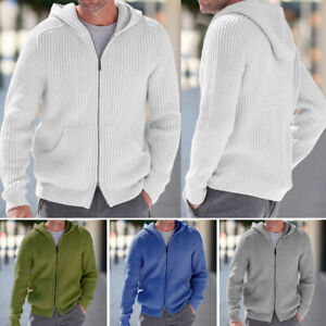 Casual Outwear Jumper Cardigan Sweater Men Knitted Hooded Long Sleeve Solid US ♪