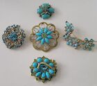Beautiful Vtg Faux Turquoise And Rhinestone Brooch Jewelry Lot