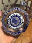 lovely vintage hand blown clear glass w/blue artisan INKWELL 8-sided octagon vtg