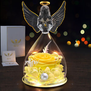 Preserved Rose Birthday Gifts for Women Mom Wife Angel Figurine with LED Light