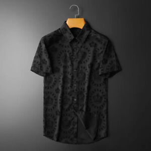 New Men Luxury Short Sleeve Crown Pattern Button Down Black Shirt High Quality