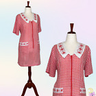 vintage 60s red gingham embroidered shawl collar babydoll house dress Size L XL