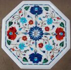 12 Inches White Marble Coffee Table Top Floral Design Inlay Work Patio End Table