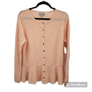 Pure Collection Cashmere Sweater Cardigan 14 16 Button Up Peplum Ribbed Peach