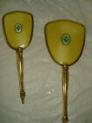 VINTAGE METAL GOLD HAND MIRROR and BRUSH GUILLOCHE  MINIATURE PAINTING