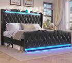 Full Queen King Bed Frame LED Upholstered Platform Bed Wingback Headboard Black