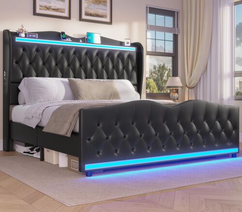 Full Queen King Bed Frame LED Upholstered Platform Bed Wingback Headboard Black