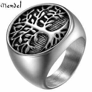 MENDEL Mens Stainless Steel Celtic Tree of Life Band Ring Black Silver Size 7-15