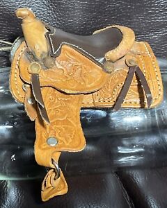 Vintage Painted Flower Tooled Leather Horse Saddle Miniature Child's 4.25