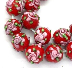 6 Lampwork Handmade Glass Red pink Primrose Flower 12mm Round Beads