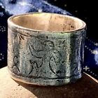1870s Ingot Silver Navajo Chiseled Carved Band Ring 1900s Green Turquoise Added