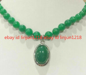Natural 8mm Green Jade Round Gemstone Beads Oval Pendant Necklace 18