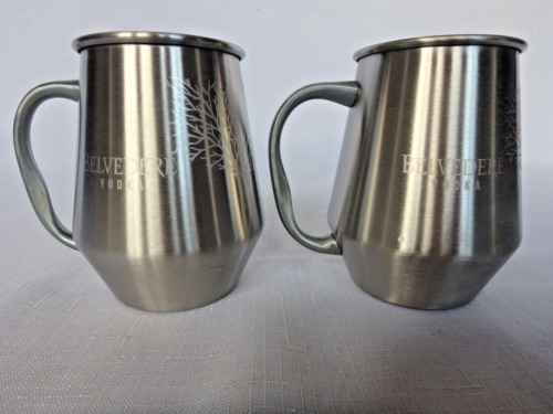 Lot (2) BELVEDERE VODKA Branded Stainless Steel Moscow Mules Mugs Cups Silver
