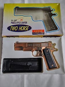 Vintage Two Horse Lighter 45 Caliber Gun Pistol Design With Box. NEAR MINT. RARE