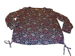 Loft Womens Large Blouse Floral Mixed Media Navy Pink Cinch Bottom Coquette