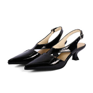Womens Low Kitten High Heels Slingback Sandals Patent Leather Shoes Pointed Toe