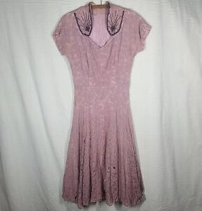 Vtg 40s Lace Dress Beaded Mauve Pink M Full Skirt Lined Tattered Fair Rare Pinup