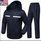 Mens Rain Suits Raincoat Jacket Pants Waterproof Safety Black Hooded US