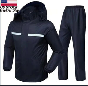 Mens Rain Suits Raincoat Jacket Pants Waterproof Safety Black Hooded US