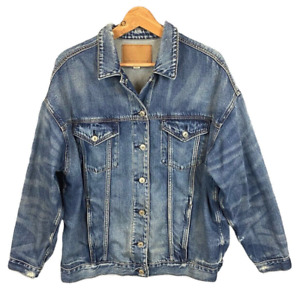 American Eagle Denim Jacket Mens L Trucker Style Blue Jean Med Wash Distressed