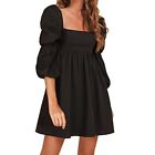 Exlura EXLURA Womens Square Neck Long Puff Sleeve A-Line Short Mini Dress Black,