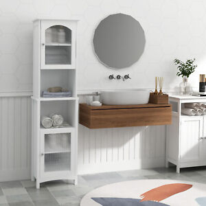 Tall Bathroom Floor Cabinet with 6 Shelves Narrow Storage W/ 2 Glass Doors White