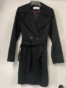 Tahari Double Breasted Trench Coat Black Ruffle Collar Belted Women's Size S