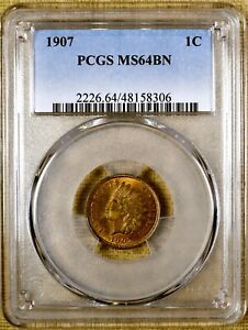 1907 PCGS MS64 BN Indian Cent PQ! RB!