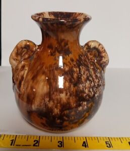 New ListingBrush McCoy Arts & Craft Pottery Brown Onyx drip Vase 2 Swan Handles 5