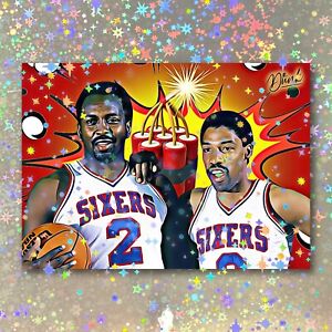 Erving & Malone Holographic Dynamite Duo Sketch Card Limited 1/5 Dr. Dunk Signed