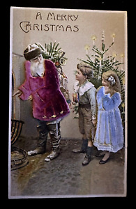Red Felt Santa Claus w. Children~Tree~Antique Novelty Christmas Postcard-h640
