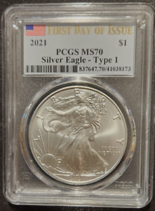 2021 $1 American Silver Eagle PCGS MS70 Type 1 FDOI Flag Label