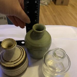 New ListingBud Vases, Beautiful Striped Pottery Ceramic Glass Lot Of Three 3”-4” Vtg