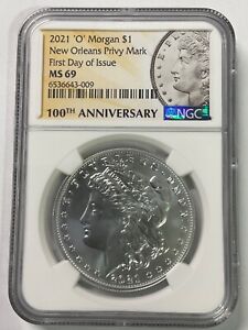 2021 O Morgan Silver Dollar $1 PRIVY MARK NGC MS69 FIRST DAY OF ISSUE