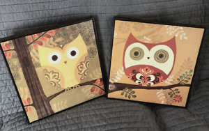 2  MCM Owl Plaques !  Perfect Wall Decor/Colors For Retro Atomic ! 12 x 12 Wood
