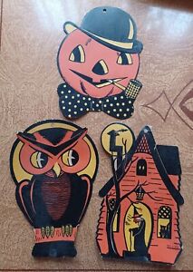 Luhrs HALLOWEEN Diecut Embossed Decorations Lot of 3 Witch House Owl Pumpkin VTG