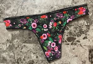 NWT VICTORIA'S SECRET BLACK FLORAL SATIN SMOOTH EVERYDAY PERFECT THONG PANTIES