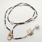Black Spinel Natural White Pearl Long Necklace Keshi Pearl pendant 44''