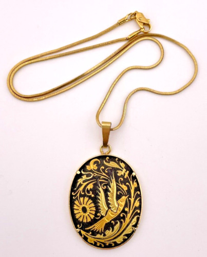 Vintage Damascene Gold Tone Engraved Oval Floral Bird Necklace Pendant Dove