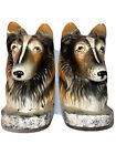 VTG COLLIE DOG HEADS Bookends 6”tall X 4” Wide Ceramic 1960 1970 Tan Brown LASSY