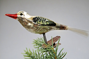 Vintage Blown Glass Clip On Green Wing BIRD Spun Tail Christmas Ornament Germany
